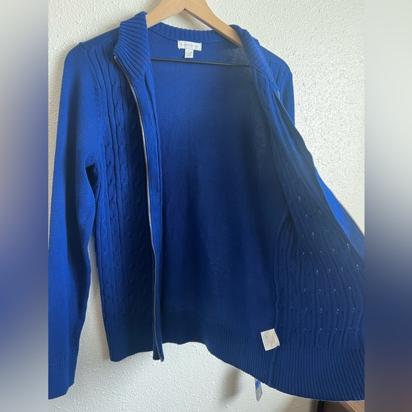 NWT Charter Club Cable Knit Full Zip Yarn Cobalt Blue Sweater Jacket Size Large - Picture 2 of 5